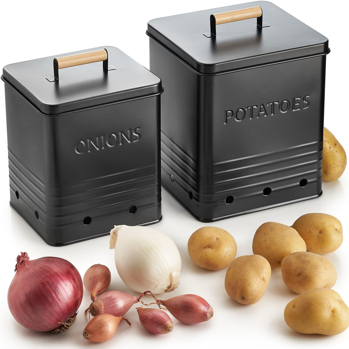 ZICOTO potato bin with lid keeps potatoes organized on the counter.