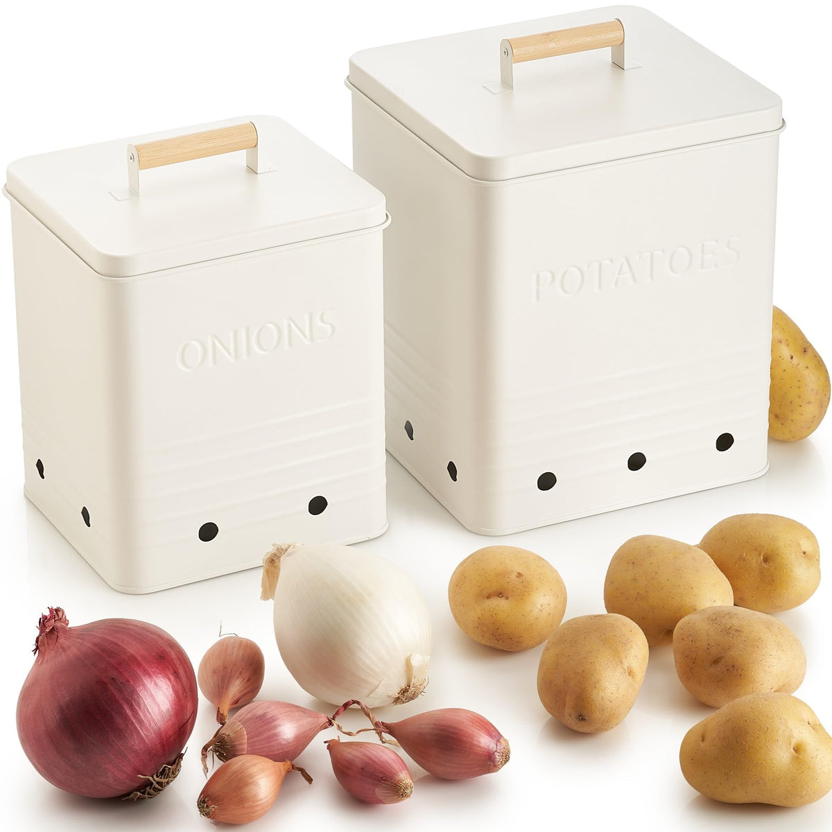 ZICOTO potato storage bin with lid keeps produce neat and ready on the counter.