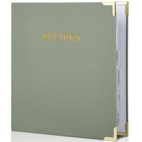 ZICOTO recipe binder with sage-green cover, perfect for organizing handwritten recipes.