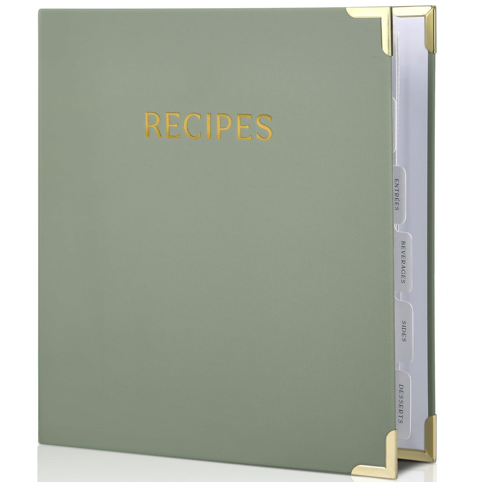 ZICOTO recipe binder with sage-green cover, perfect for organizing handwritten recipes.