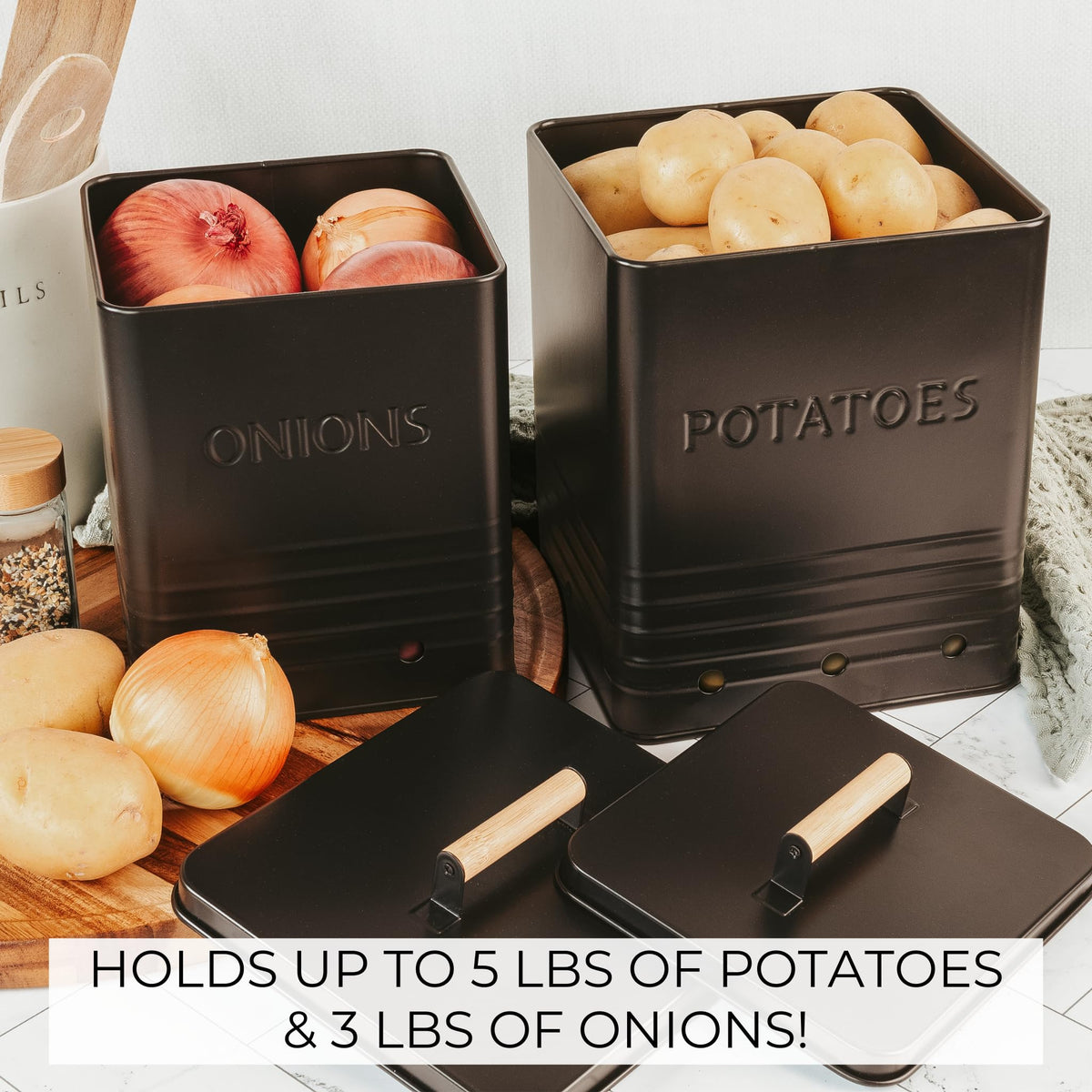 ZICOTO spacious inside potato bin fits 9-10 lbs potatoes.