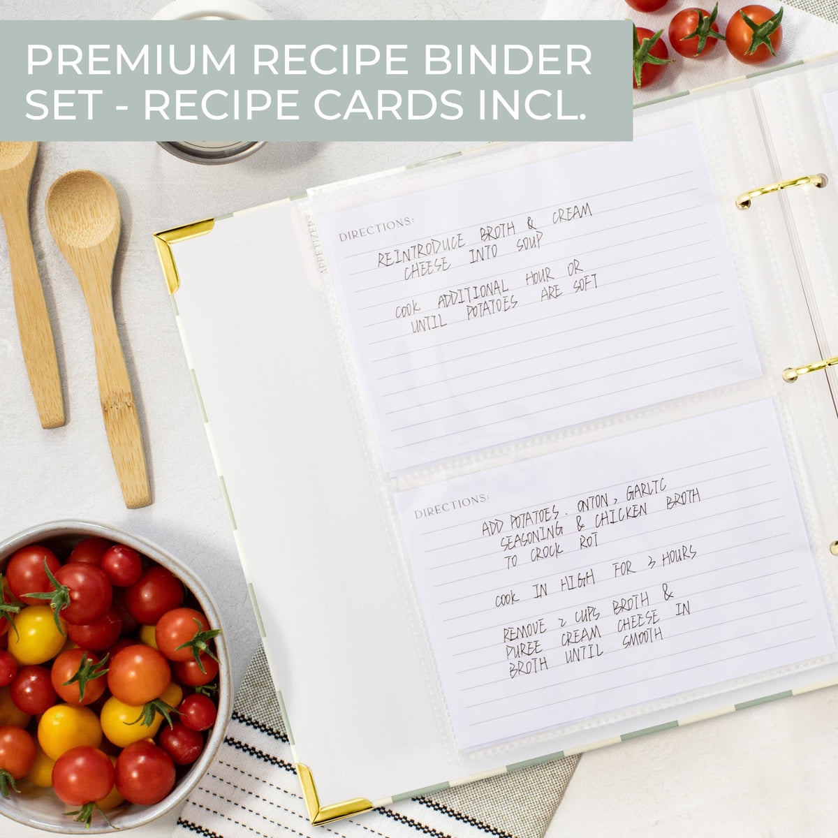 ZICOTO binder with waterproof cover keeps recipes safe from spills in the kitchen.