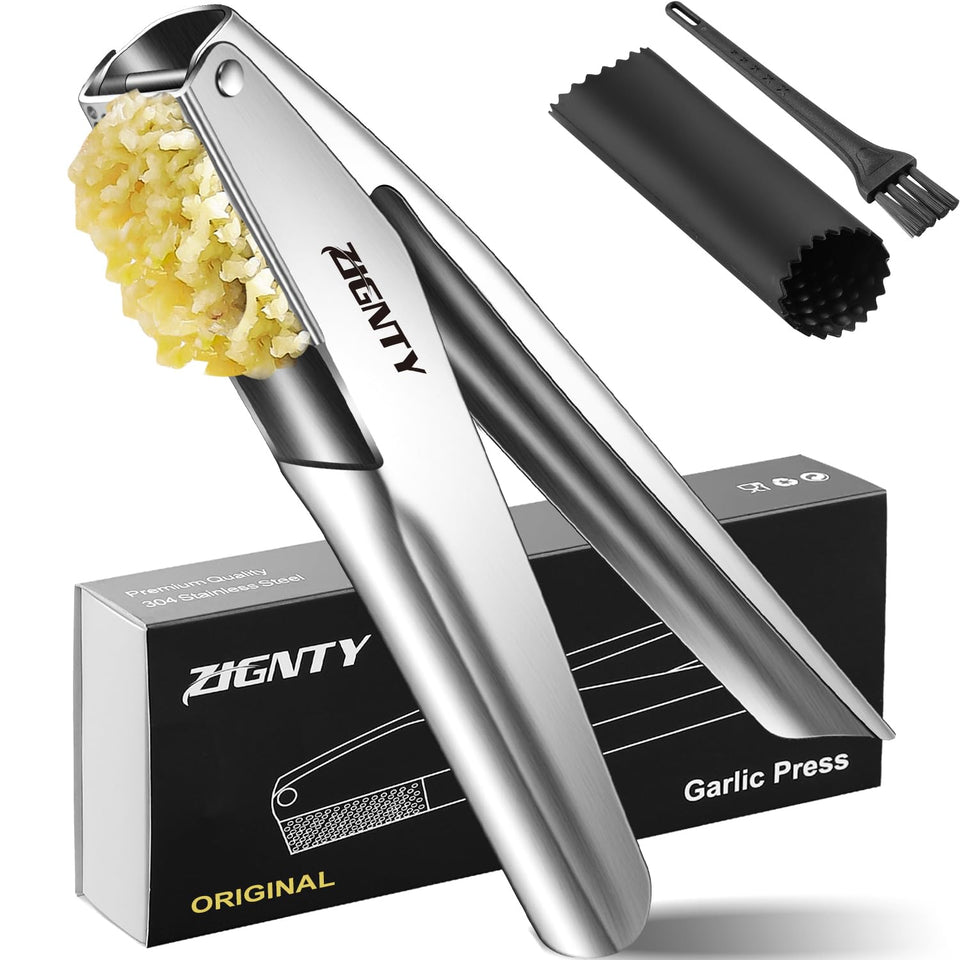 ZIGNTY garlic press front view highlights premium stainless steel for quick mince