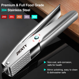 ZIGNTY garlic press side view demonstrates ergonomic handle for comfortable, extended use