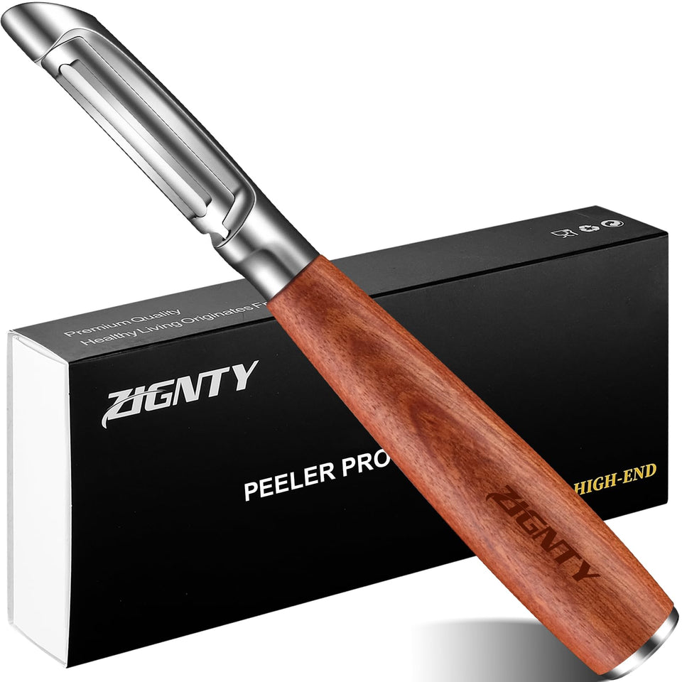 ZIGNTY vegetable peeler with ultra-sharp swivel blade for smooth peeling and reduced waste.