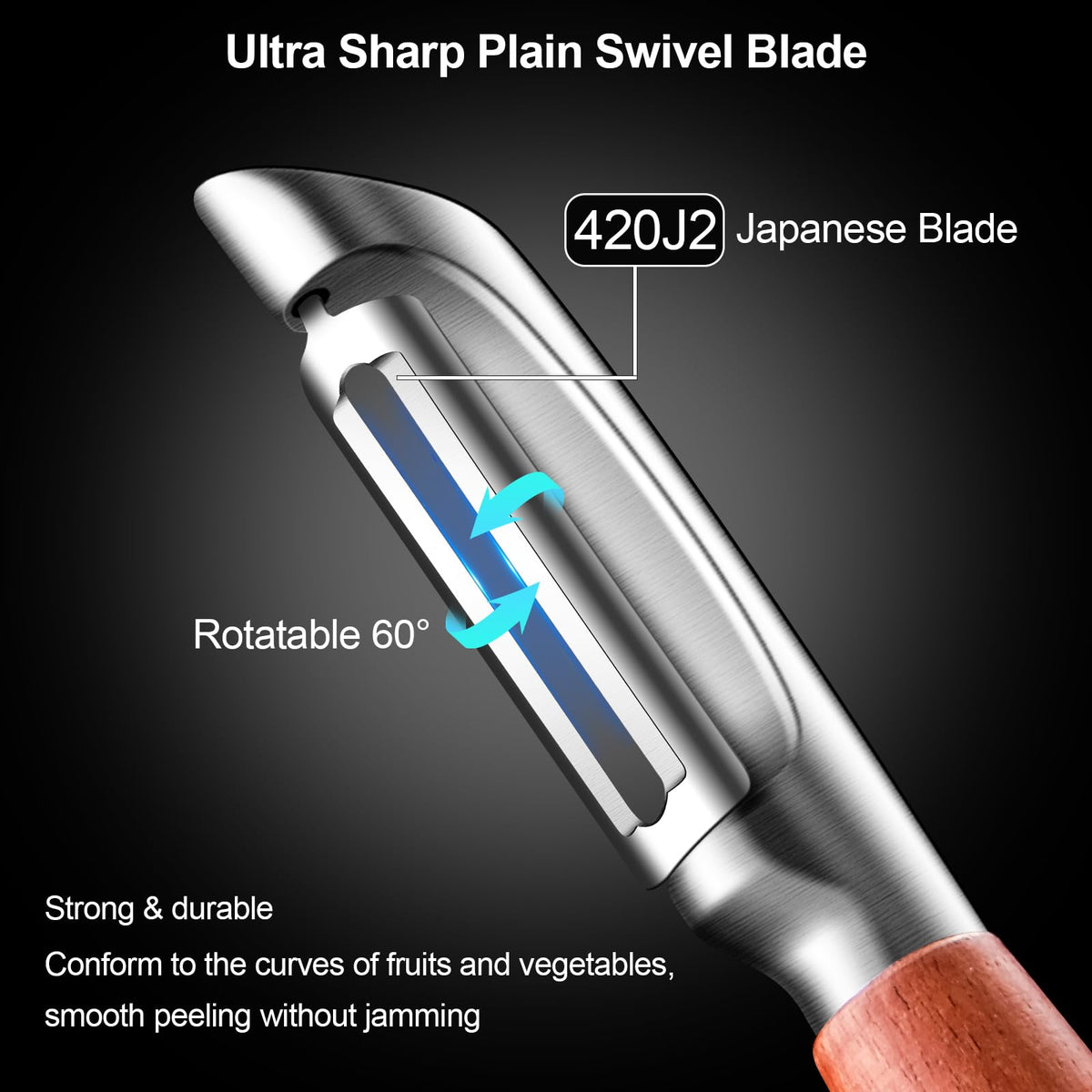 ZIGNTY wooden-handle peeler showing ergonomic grip for comfortable peeling.