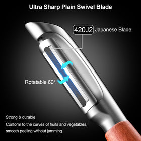 ZIGNTY wooden-handle peeler showing ergonomic grip for comfortable peeling.