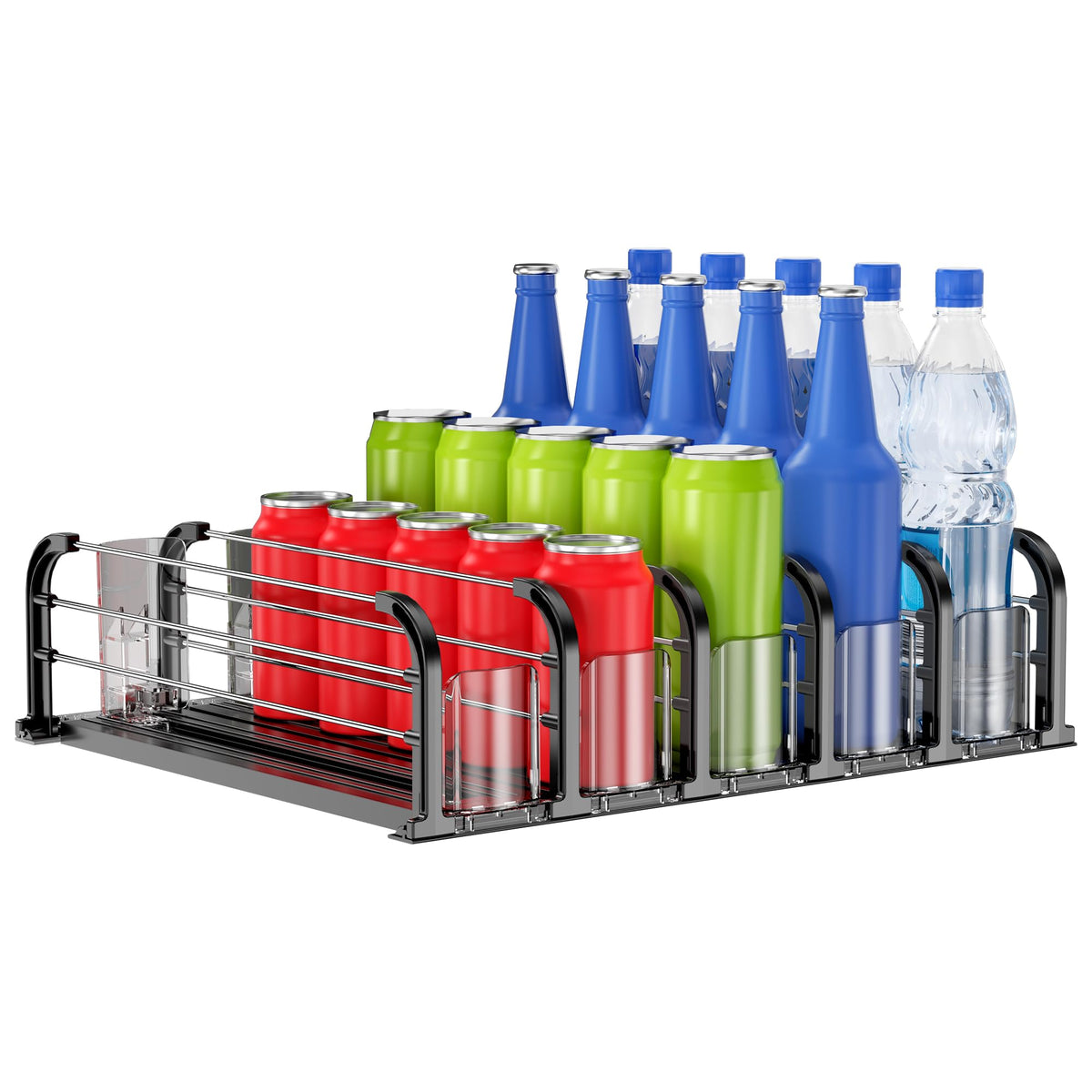 ZIJIN Automatic Drink Organizer in fridge front view showing easy access beverages