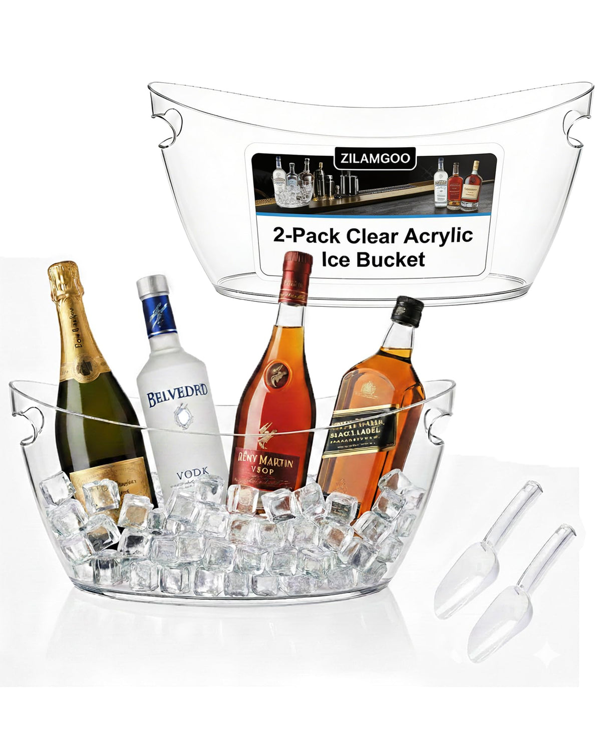 ZILAMGOO 2-pack clear acrylic ice buckets showcase beverages at parties with easy-to-grab chiller capacity.