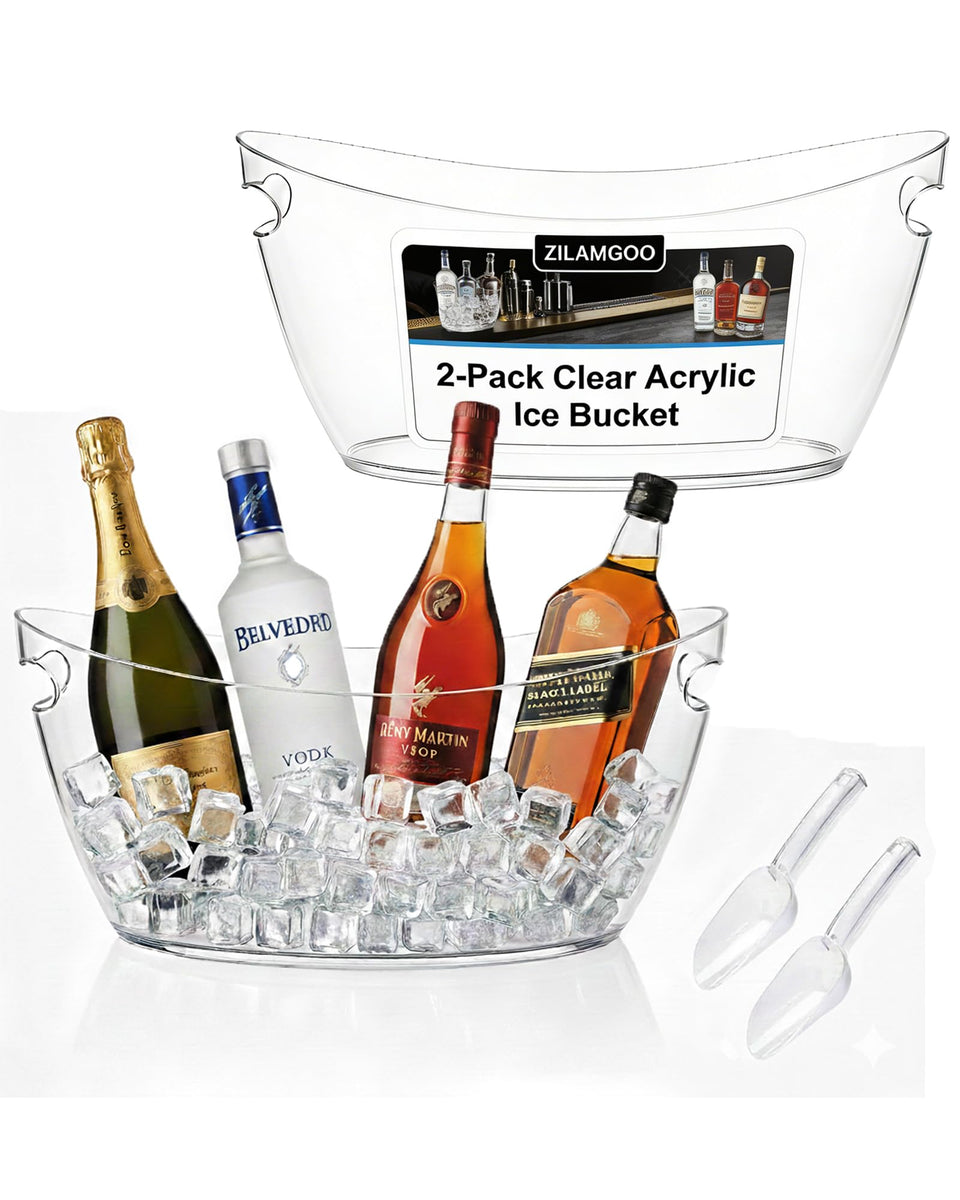 ZILAMGOO 2-pack clear acrylic ice buckets showcase beverages at parties with easy-to-grab chiller capacity.