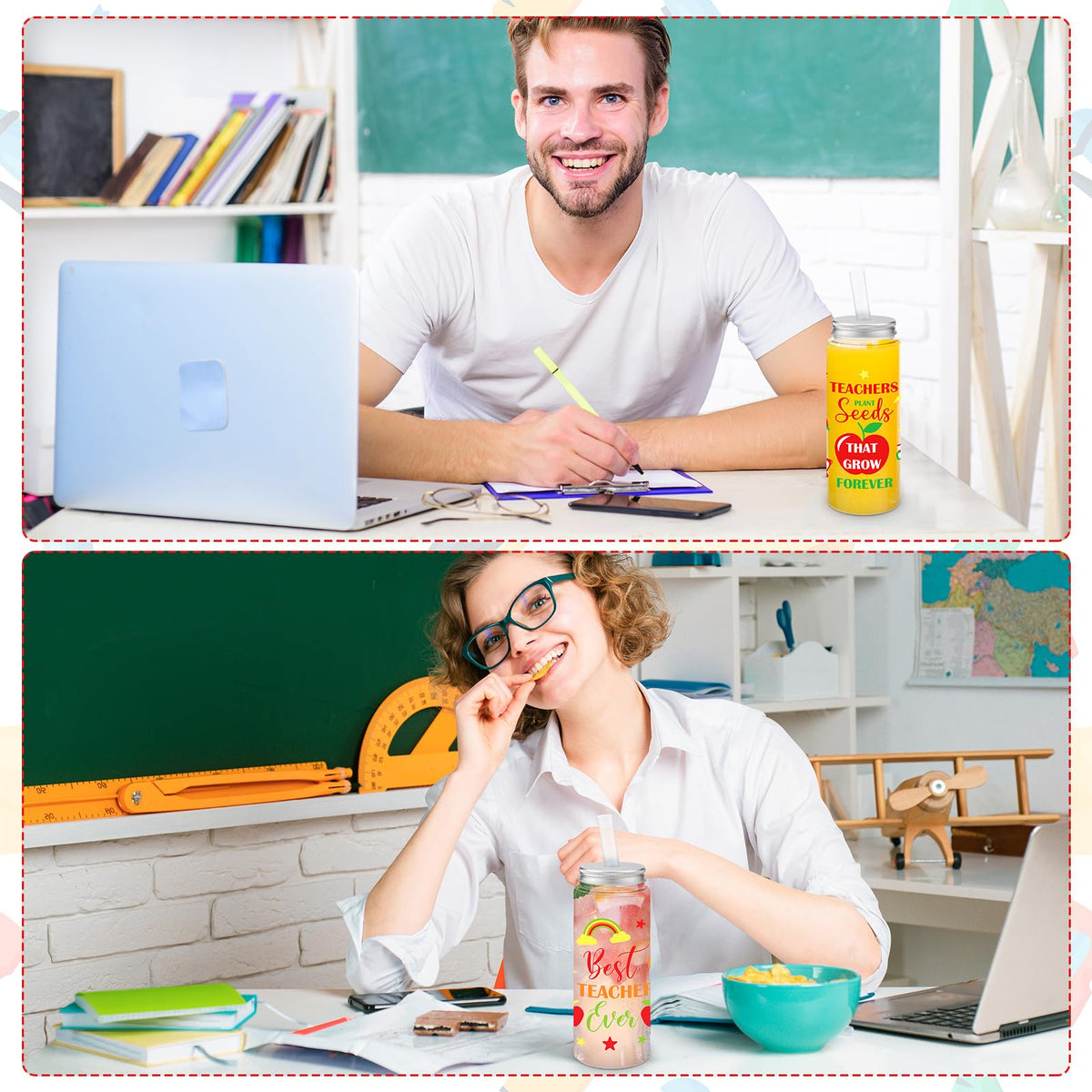 Ziliny teacher cups with lids and straws, ideal for meetings and outdoor activities.