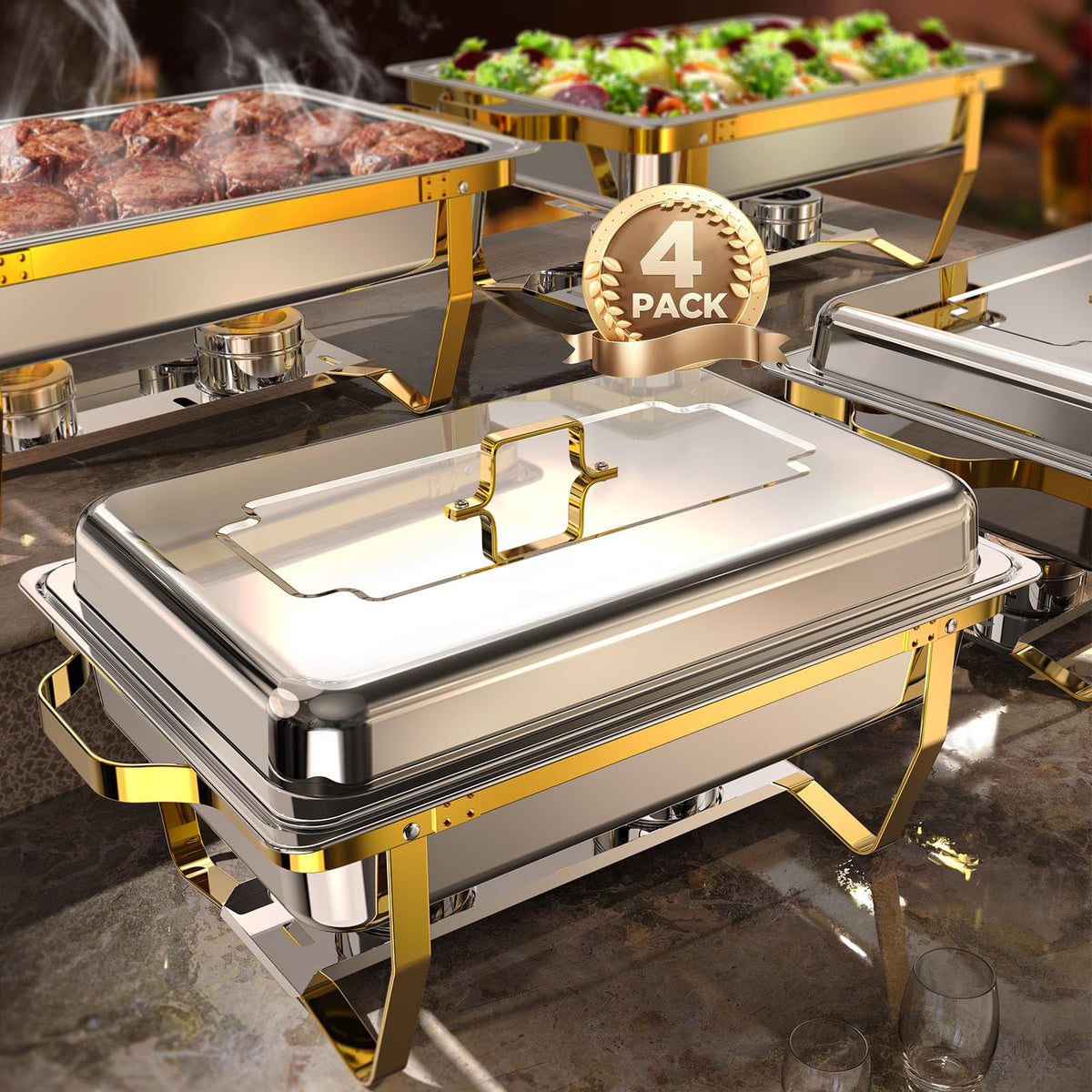ZILODE buffet chafing dishes in gold and silver for elegant party warmth.