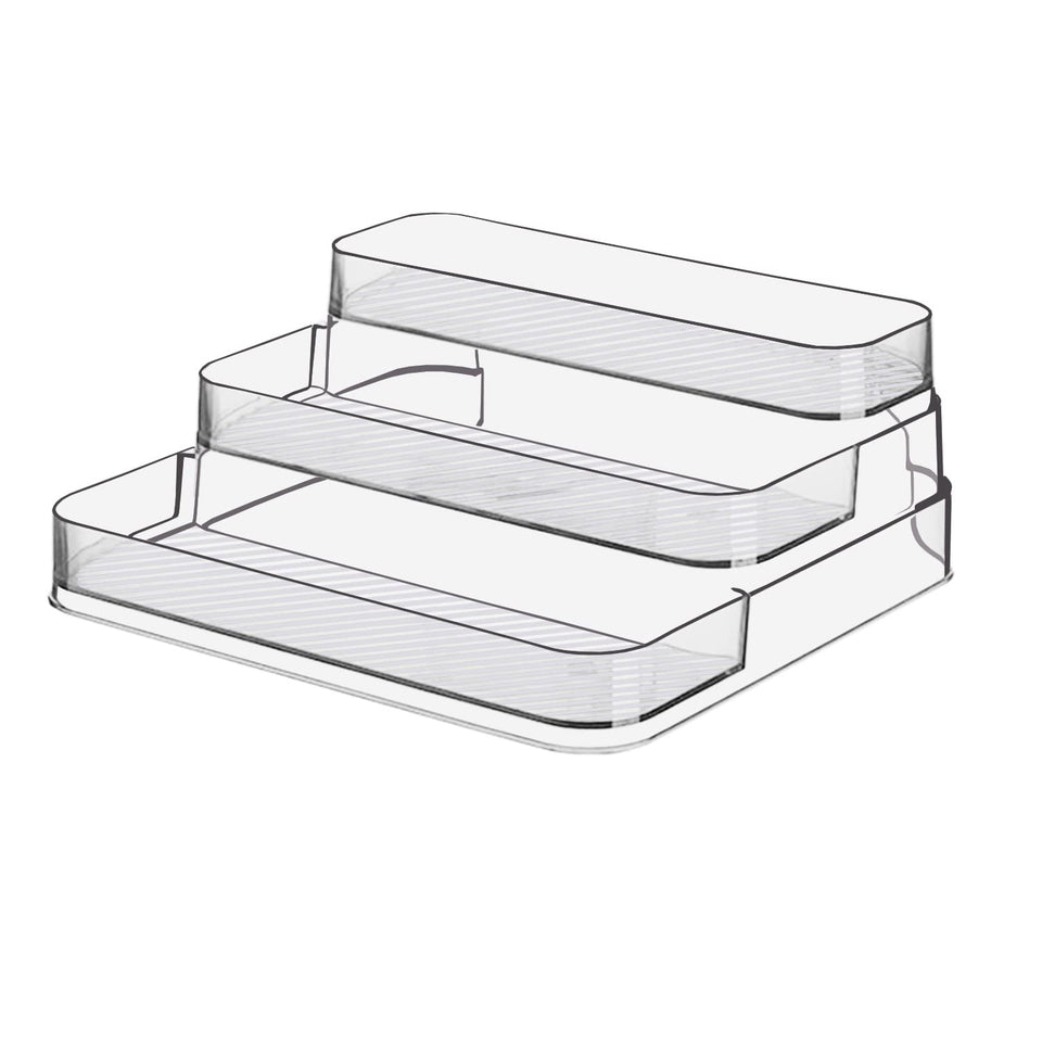 Zilphoba acrylic spice rack front view; a clear three-tier organizer for easy access.