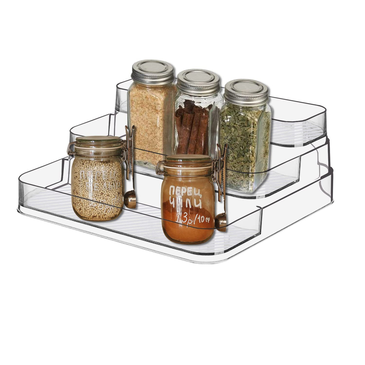 Zilphoba acrylic spice rack side view; slim profile fits compact cabinet spaces.