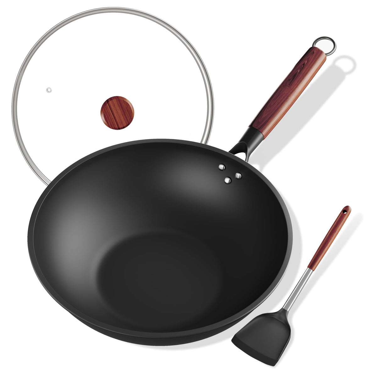 Ziluetar carbon steel wok with glass lid showing clear view during sautéing