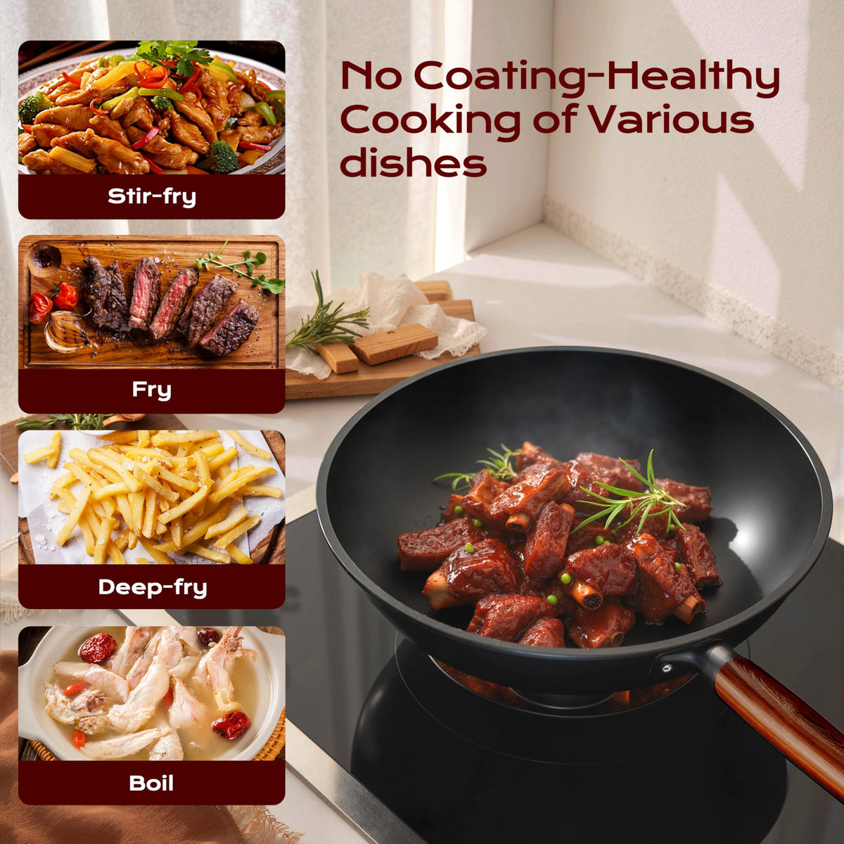 Ziluetar wok flat-bottom design for stable cooking on any stove