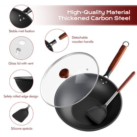 Ziluetar wok with removable wooden handle for easy grip and storage