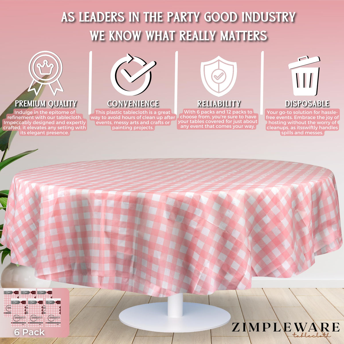 ZIMPLEWARE 84in round tablecloth; tear-resistant plastic for durable party protection.