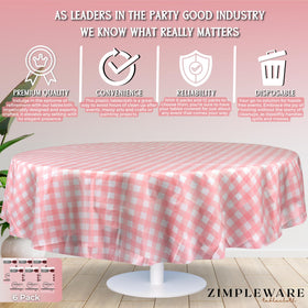 ZIMPLEWARE 84in round tablecloth; tear-resistant plastic for durable party protection.
