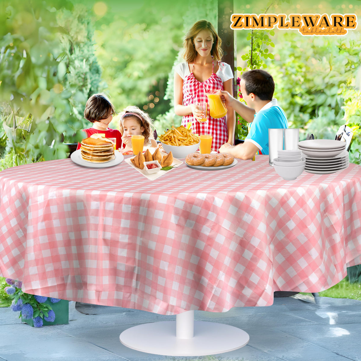 ZIMPLEWARE pink gingham tablecloth pack supports bulk event planning and restocking.