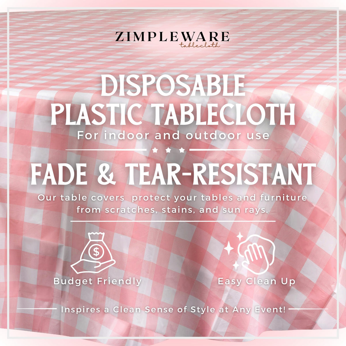ZIMPLEWARE disposable pink gingham round tablecloth enables quick cleanup after celebrations.