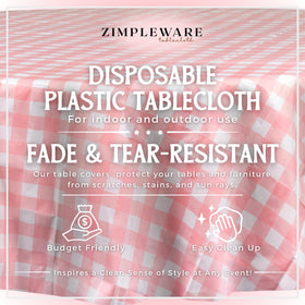 ZIMPLEWARE disposable pink gingham round tablecloth enables quick cleanup after celebrations.