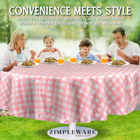 ZIMPLEWARE pink gingham round tablecloth placed on a table for an elegant setup.