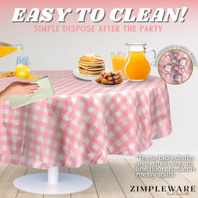 ZIMPLEWARE disposable round tablecloth ideal for parties, outdoor events, and crafts.