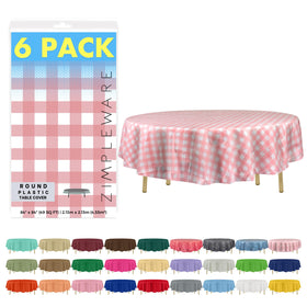 ZIMPLEWARE premium pink gingham round tablecloth, 84 inches, protects surfaces while elevating party decor.