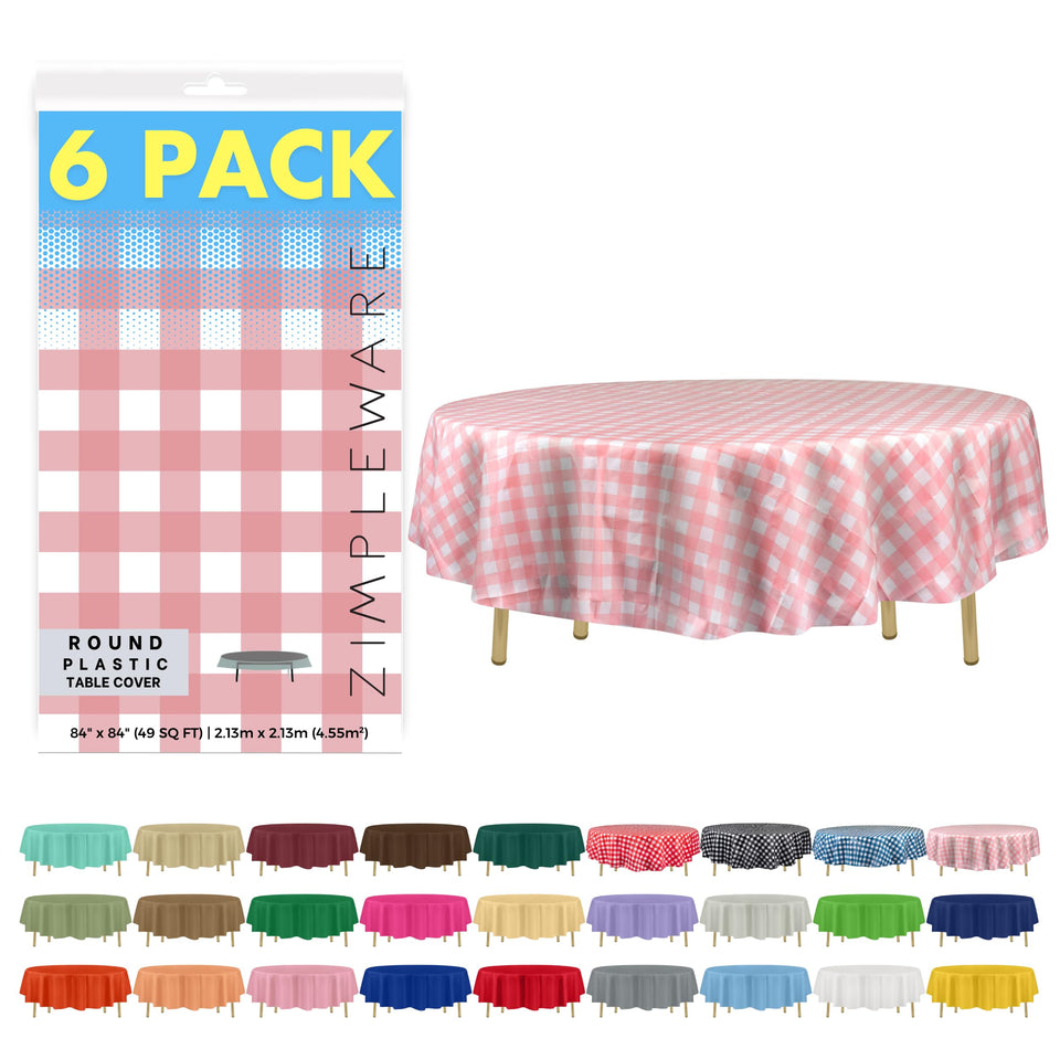 ZIMPLEWARE premium pink gingham round tablecloth, 84 inches, protects surfaces while elevating party decor.