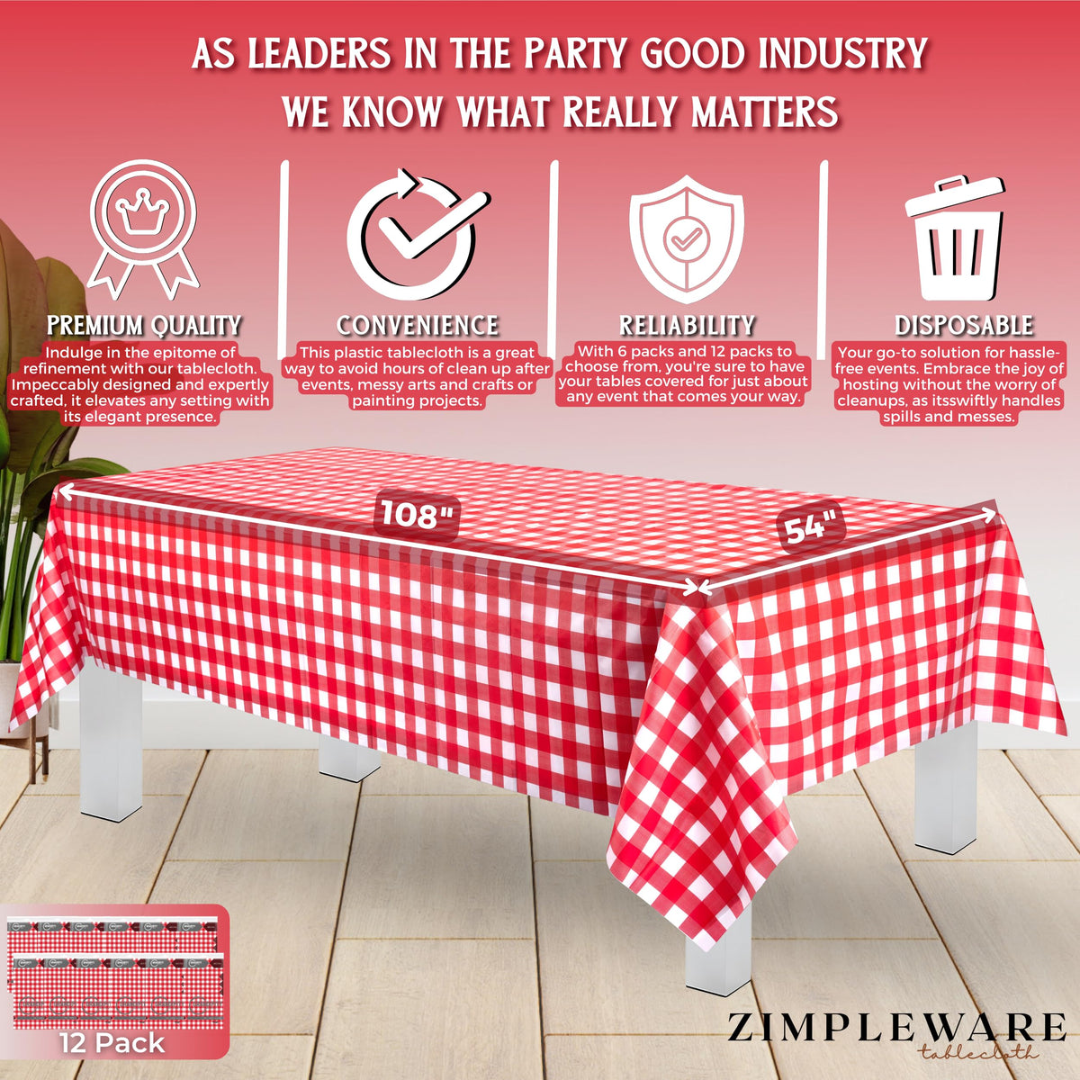 ZIMPLEWARE premium disposable tablecloth packaging highlights bulk value for event planning.