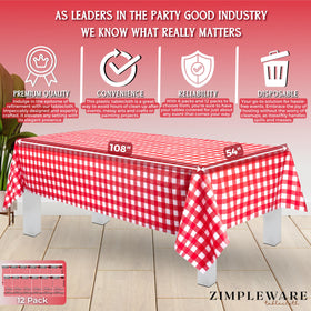 ZIMPLEWARE premium disposable tablecloth packaging highlights bulk value for event planning.