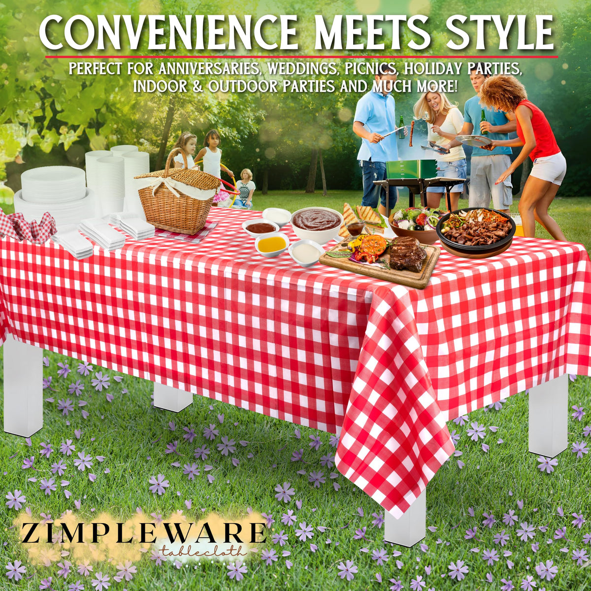 ZIMPLEWARE edge-draped tablecloth detail adds elegant touch to casual gatherings.