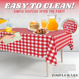 ZIMPLEWARE red gingham tablecloth used for festive table setting and décor.