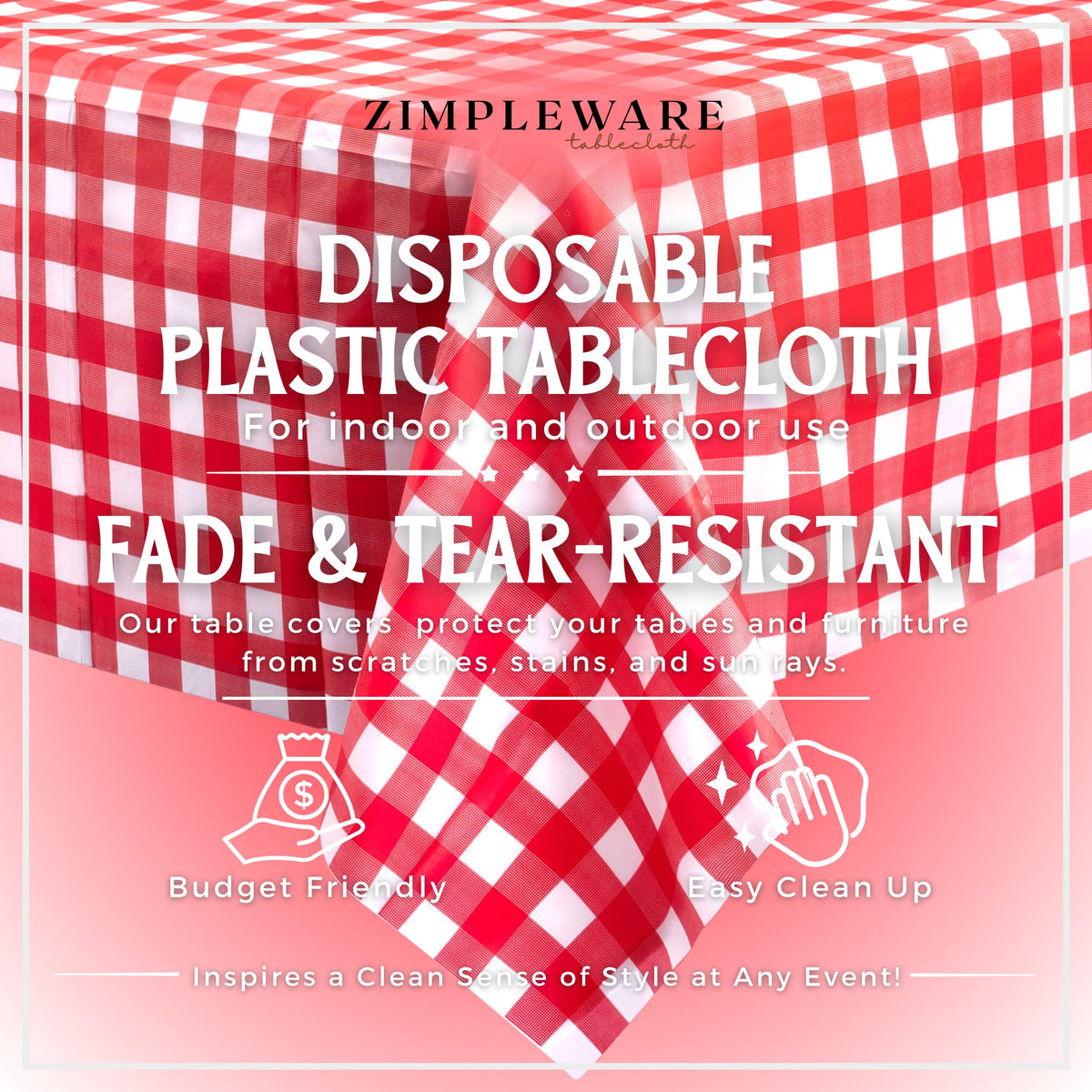 ZIMPLEWARE red gingham tablecloth on rectangle table protects surfaces from spills and stains.