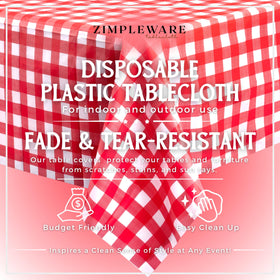 ZIMPLEWARE red gingham tablecloth on rectangle table protects surfaces from spills and stains.