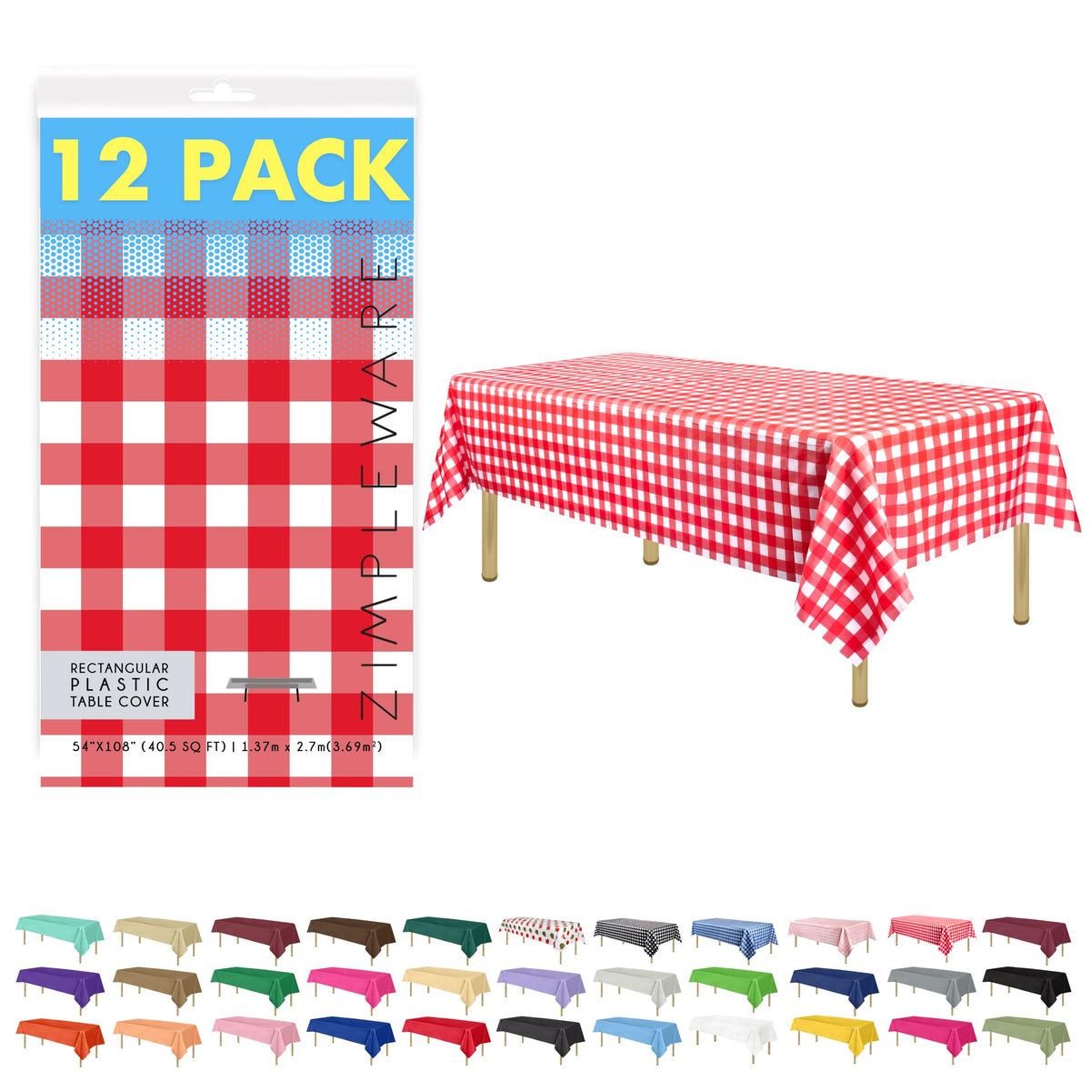 ZIMPLEWARE Premium red gingham tablecloth spread on a dining table for easy party prep.