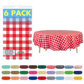 ZIMPLEWARE red gingham round tablecloth covering an 84-inch round table for festive gatherings.