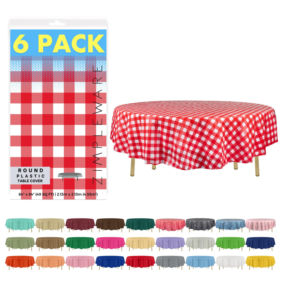 ZIMPLEWARE red gingham round tablecloth covering an 84-inch round table for festive gatherings.