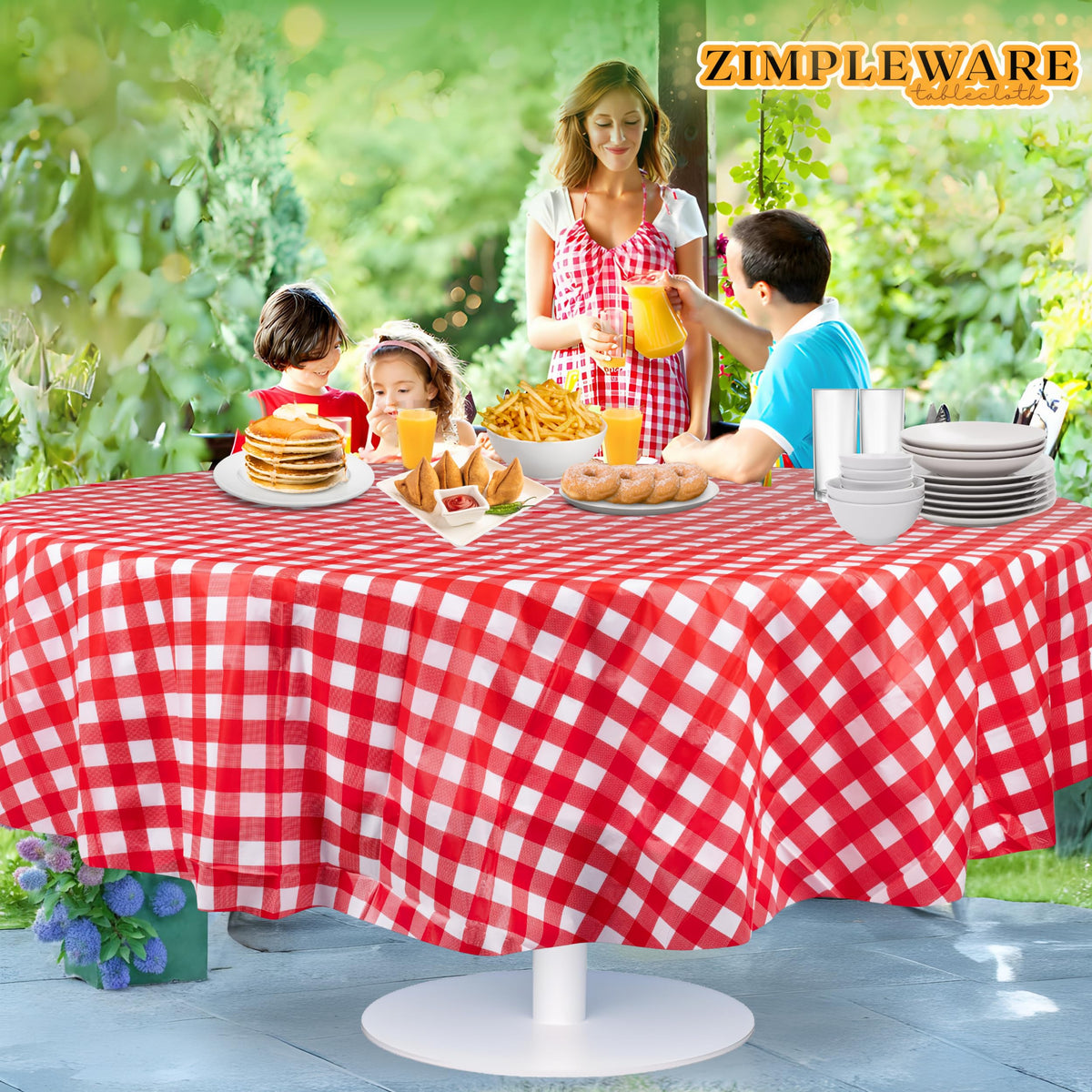 ZIMPLEWARE red gingham round tablecloth on a craft table to protect surfaces.