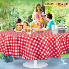 ZIMPLEWARE red gingham round tablecloth on a craft table to protect surfaces.