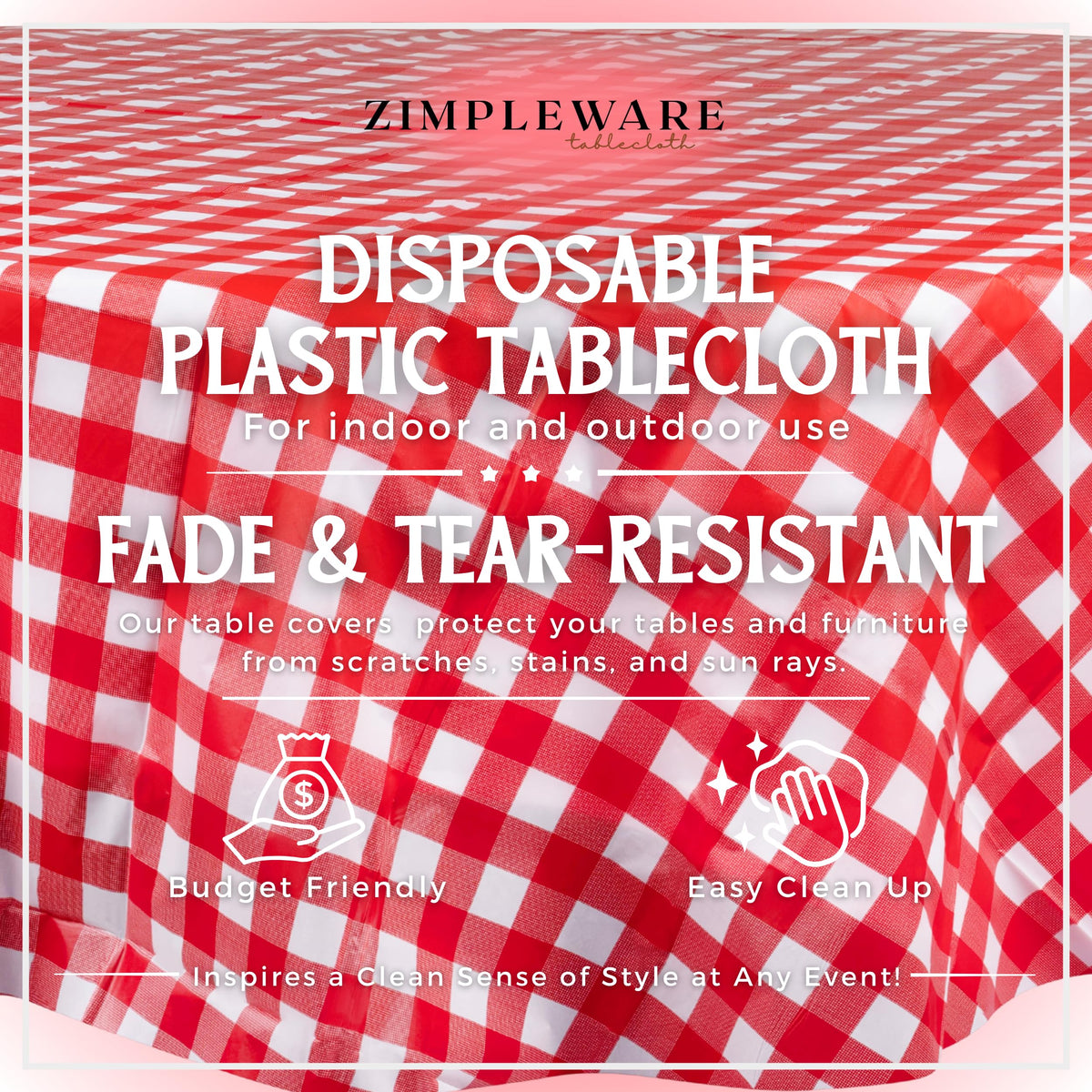 ZIMPLEWARE red gingham round tablecloth in a 6-pack for convenient hosting setups.