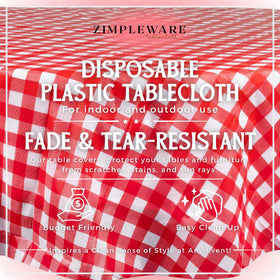 ZIMPLEWARE red gingham round tablecloth in a 6-pack for convenient hosting setups.