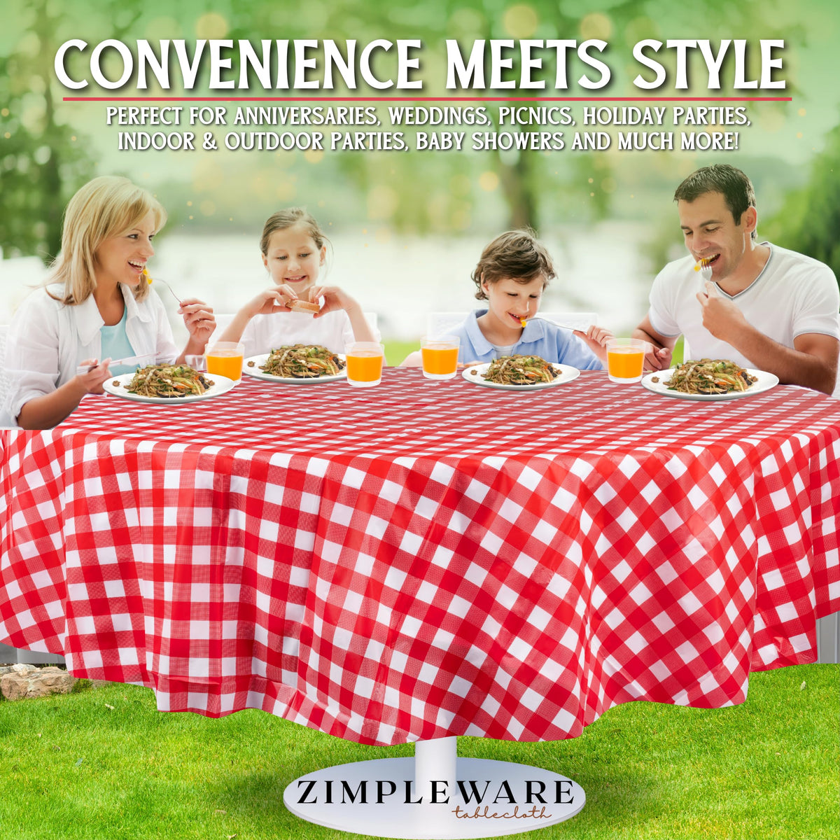 ZIMPLEWARE red gingham round tablecloth with an elegant checkered pattern for events.