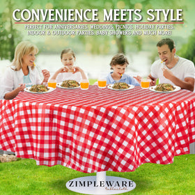ZIMPLEWARE red gingham round tablecloth with an elegant checkered pattern for events.