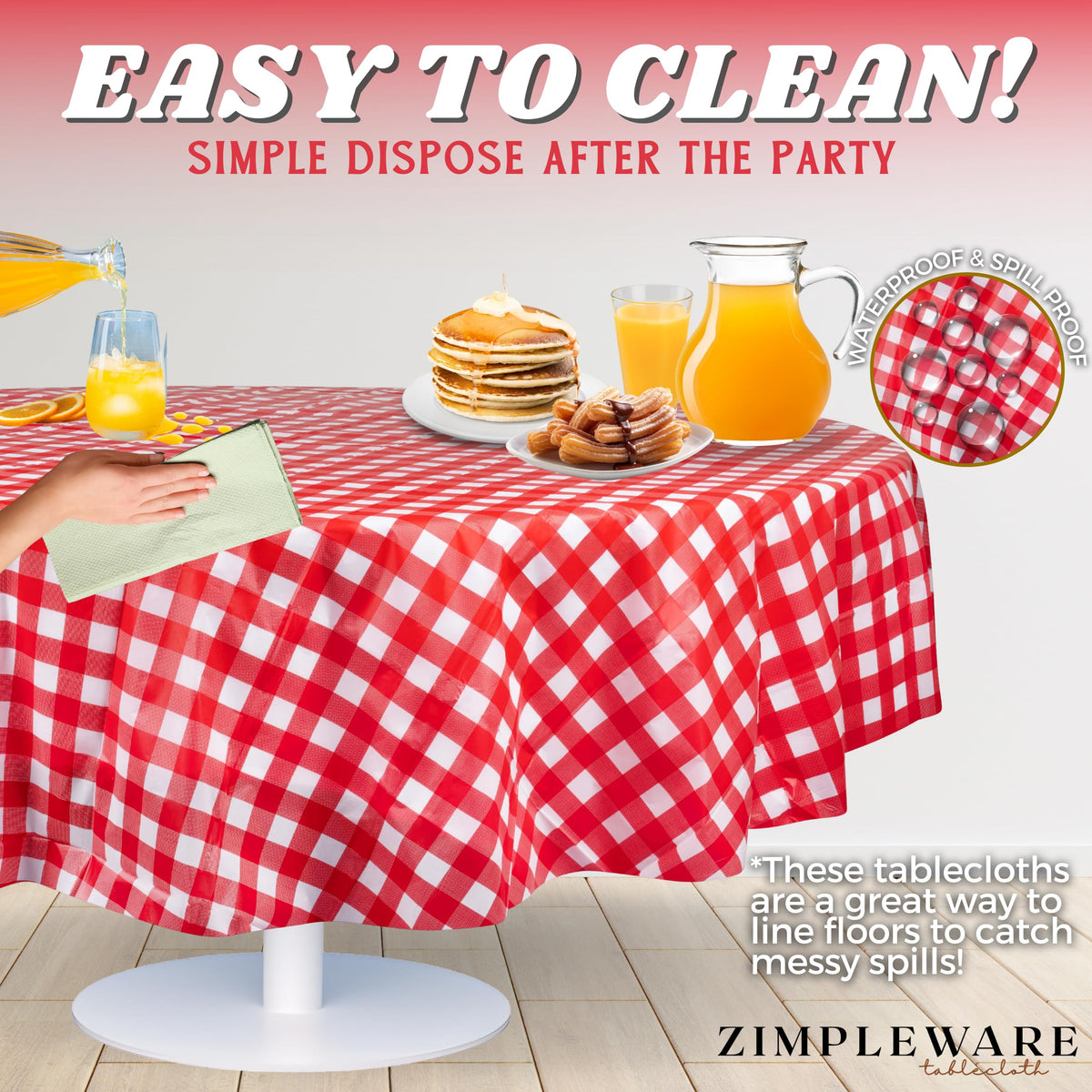 ZIMPLEWARE red gingham round tablecloth used outdoors for a party setup.