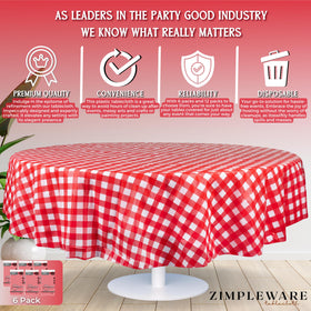 ZIMPLEWARE red gingham round tablecloth showing spill-resistance on a dining table.