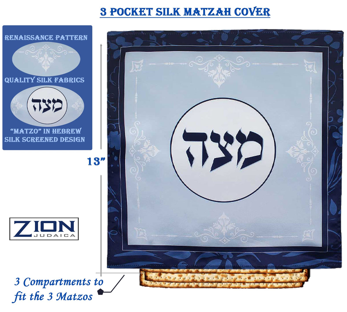 Zion Judaica afikomen bag zipper close-up demonstrates secure closure.