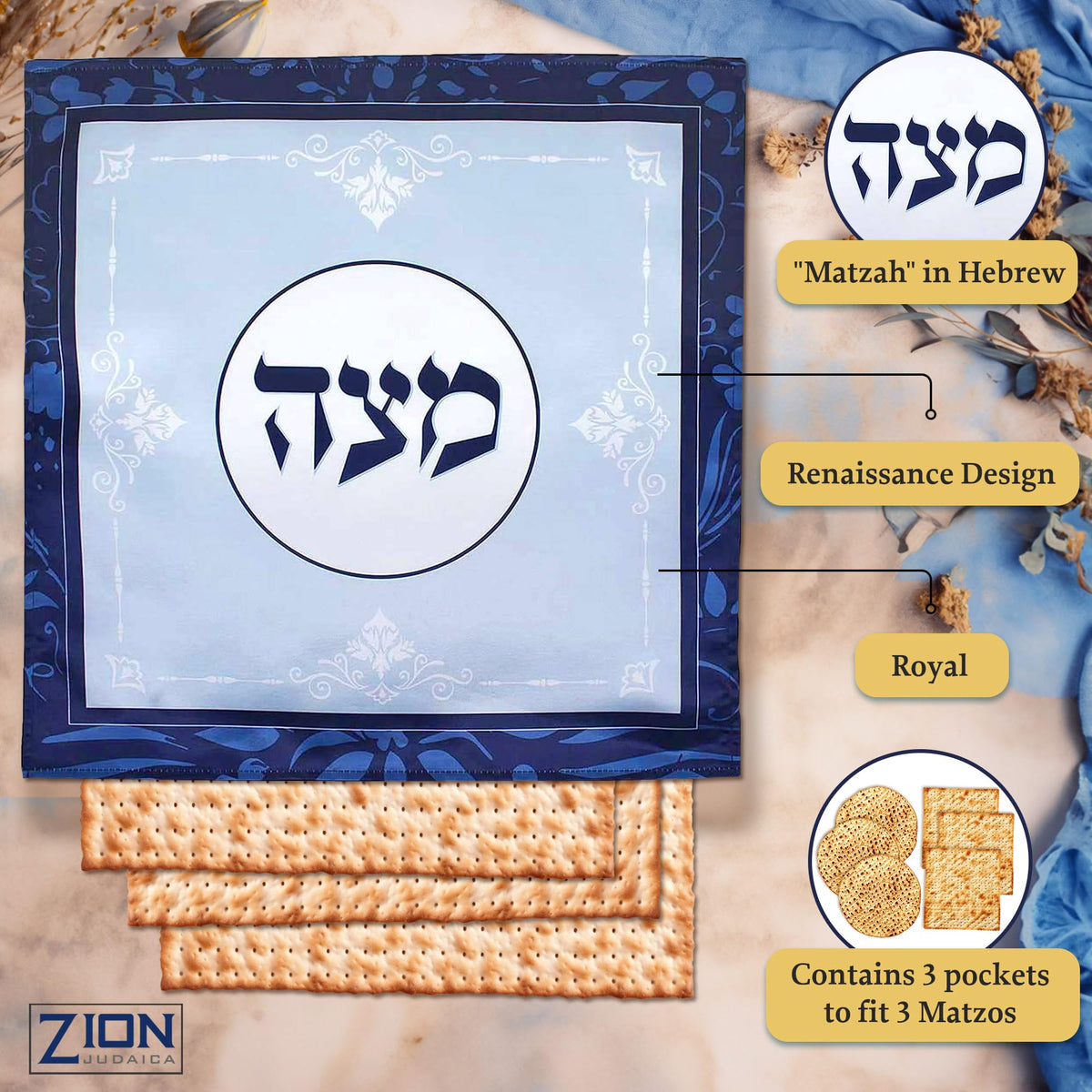 Zion Judaica matzo cover with three pockets for organized pieces.