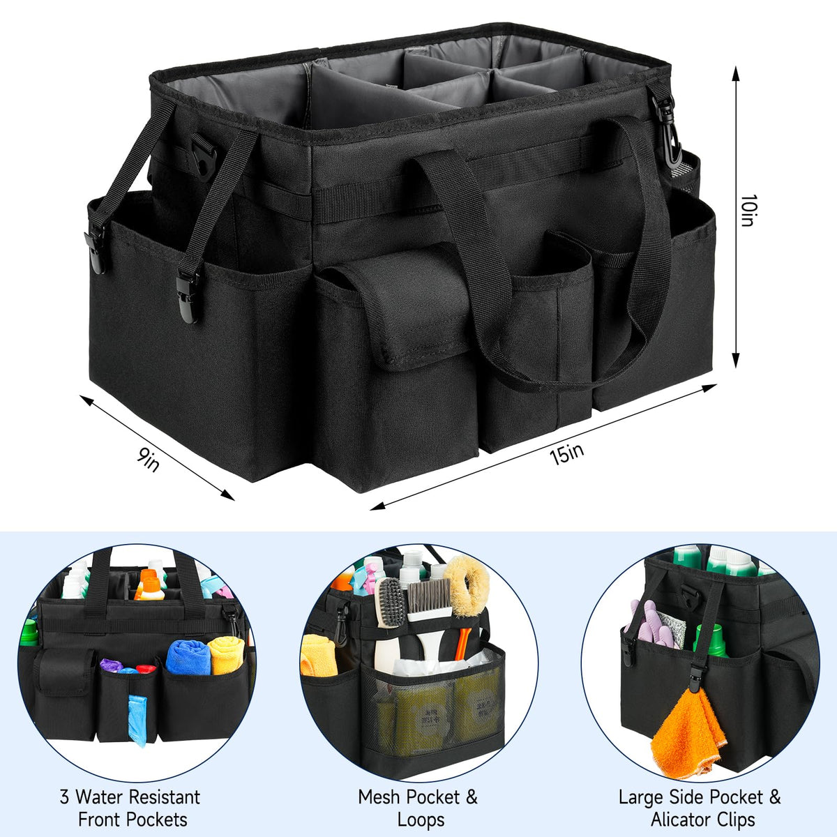 ZIOZERTT cleaning caddy includes removable divider for flexible arrangement.